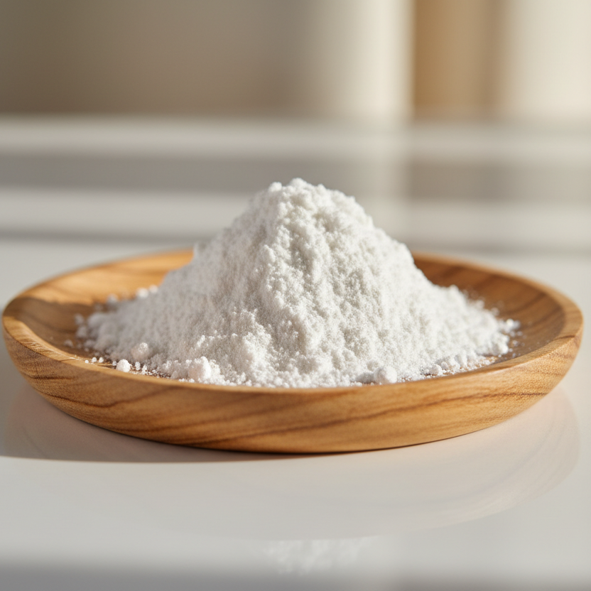 aminosäuren in weißer pulverform auf einem holztellerchen